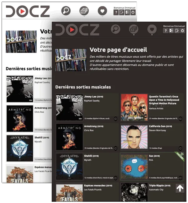 L'application Docz en thème clair et en thème sombre, superposés : la même page d'accueil et ses pochettes.