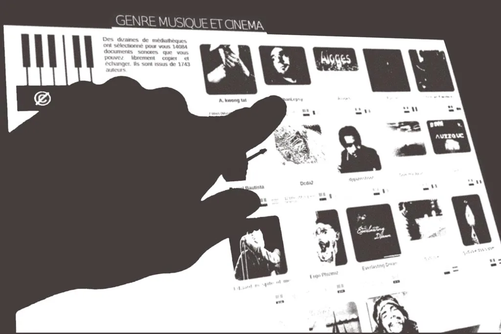 Illustration : une main parcourt une grille de pochettes classées par genres, musique et cinéma.