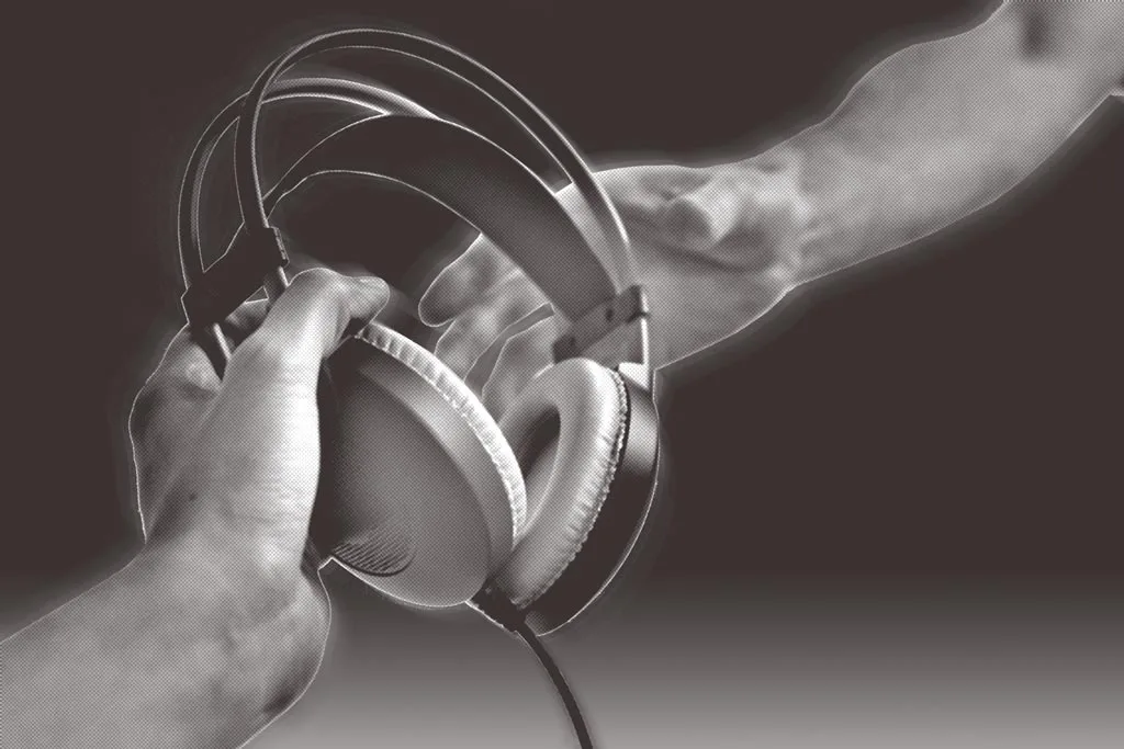 Illustration en noir et blanc : une main tend un casque d'écoute.