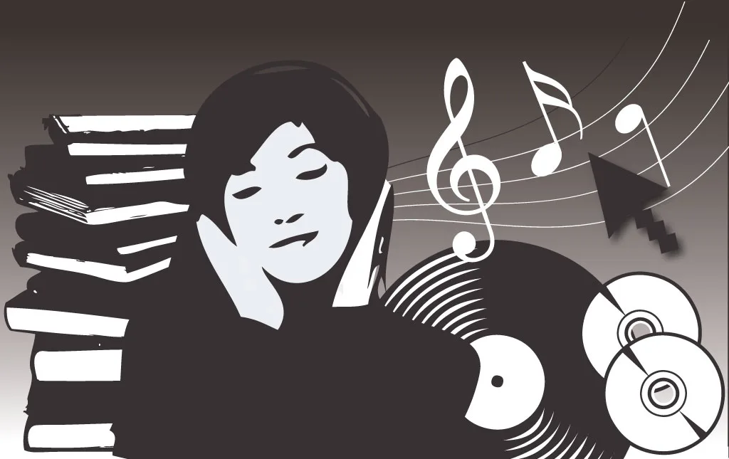 Illustration : un visage au casque entouré de partitions, de disques et de CD, la musique sous toutes ses formes.