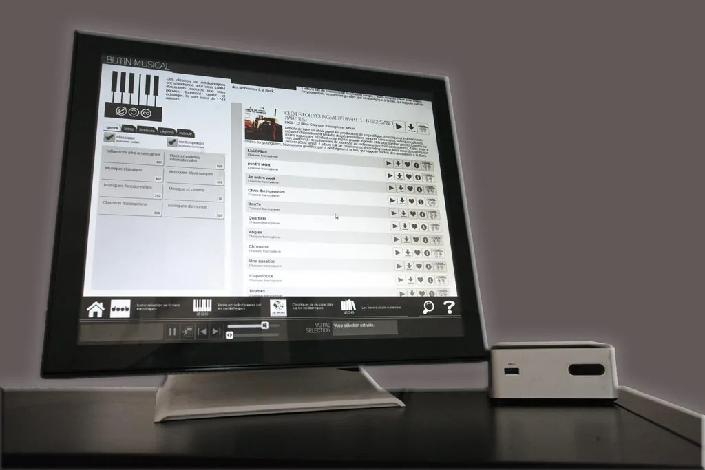 Le logiciel doob affiché sur l'écran d'un ordinateur : grille de pochettes d'albums.